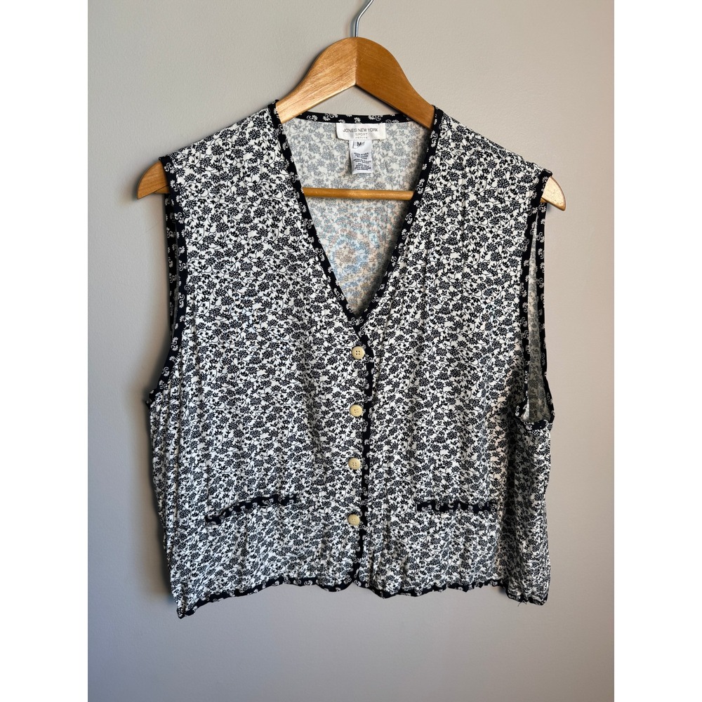 Jones New York Womens Black Floral Button Up Sleeveless Blouse M Petite Vintage